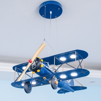 Metal Biplane Pendant Chandelier Kids Integrated LED Hanging Light Fixture in Yellow/Blue/Dark Blue-Yellow