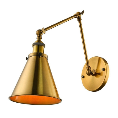 Rotating 2-Arm Iron Wall Lamp Fixture Loft 1-Light Study Room Wall Lighting Ideas with Cone Shade in Brass