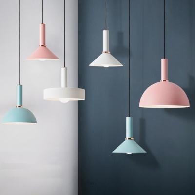 1 Bulb Bistro Hanging Light Macaron Pink/Blue Pendant Lighting with Cone/Dome Aluminum Shade