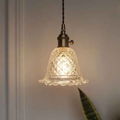 Brass Tapered/Scalloped/Bell Pendant Industrial Clear Lattice/Ribbed/Gridded Glass 1 Head Dining Room Down Lighting