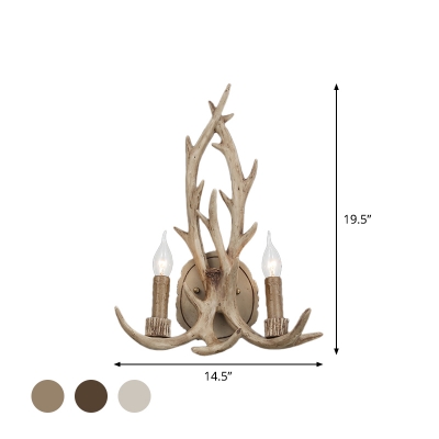 Candle Style Resin Wall Lamp 2-Light Living Room Sconce Lighting with Decorative Antler in Grey/Brown/Coffee