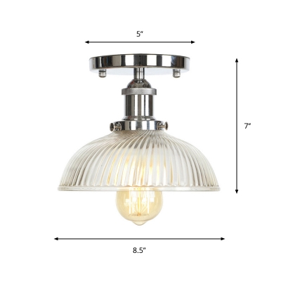 Chrome Finish Bowl/Bell Semi Flush Light Industrial Clear/Clear Ribbed Glass 1 Light Kitchen Ceiling Mount Lamp