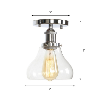Chrome Finish Bowl/Bell Semi Flush Light Industrial Clear/Clear Ribbed Glass 1 Light Kitchen Ceiling Mount Lamp
