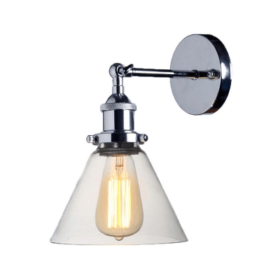Chrome Swing Arm Wall Light Industrial Clear Glass 1-Light Living Room Wall Mounted Lamp with Conical Shade