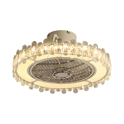 Circle LED Ceiling Fan Contemporary Metal Chrome Semi-Flush Mount with Clear Crystal Rod Deco