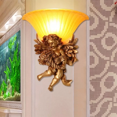Gold Little Angel Wall Light Sconce Country Resin 1 Light Living Room Wall Mounted Lamp with Bell Frosted Glass Shade