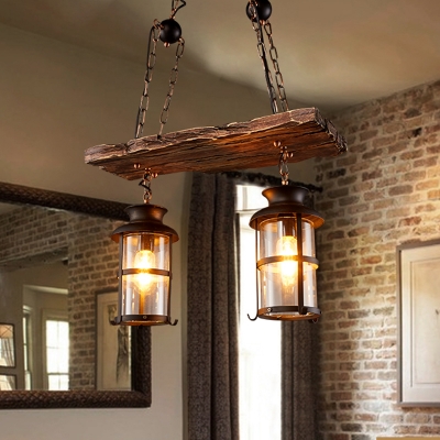 Linear Wood Board Island Lamp Rural 2/3 Lights Restaurant Hanging Pendant with Cylinder Clear Glass Shade in Brown