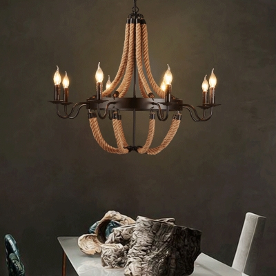 Manila Rope Brown Pendant Lamp Basket-Shape 6/8 Lights Rustic Ceiling Chandelier for Living Room