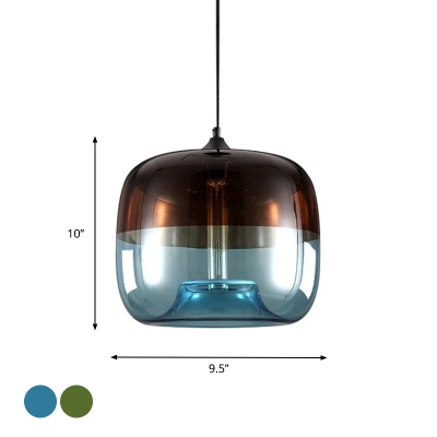 Retro Drum Shade Hanging Lamp 1 Head Brown and Blue/Green Glass Ceiling Pendant Light for Living Room