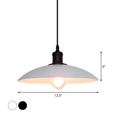 Single-Bulb Drop Pendant Industrial Living Room Hanging Lamp with Saucer Bowl Metal Shade in Black/White