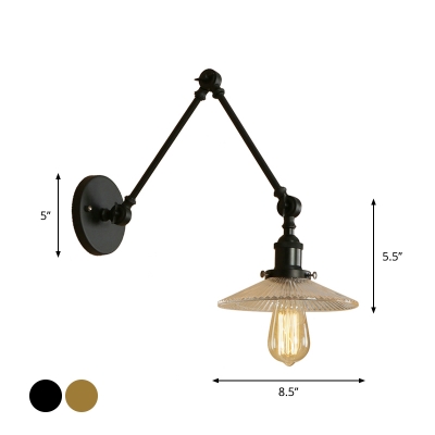 1 Bulb Clear Ribbed Glass Task Wall Light Farmhouse Black/Brass Saucer Shade Bedside Wall Mounted Lamp with Pivot Joint