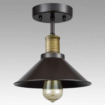 1-Head Semi Flush Ceiling Light Industrial Cone Shade Iron Flush Mount Lighting in Black