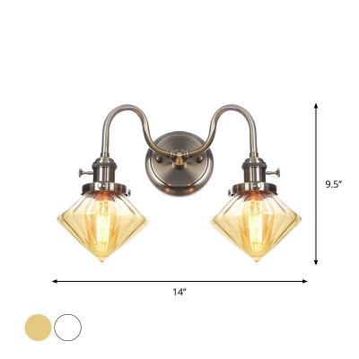 2 Lights Wall Mount Lamp Industrial Cone/Diamond/Globe Shade Clear/Amber Glass Wall Light Fixture with Wavy Arm in Brass