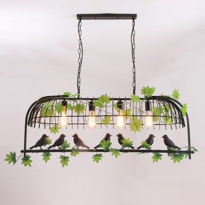 4 Lights Bird Cage Island Pendant Farmhouse Black/Bronze Iron Hanging Lamp Kit with Vine and Bird Decor