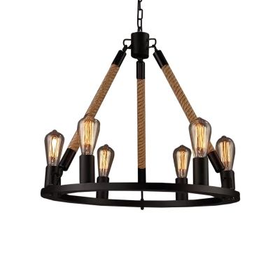 6/8-Head Circular Pendant Lighting Lodge Black Roped Ceiling Chandelier with Rope Cord