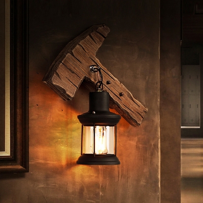 Ax/Foot Palm Shaped Wood Wall Lamp Fixture Cottage Single Corner Wall Lighting with Lantern/Candle Shade in Brown