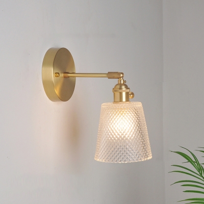 Brass Finish Single-Bulb Wall Lamp Rustic Clear Ribbed/Lattice Glass Bowl/Ruffled Wall Mounted Lighting with Swing Arm