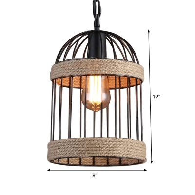 Brown Bird Cage Pendant Light Kit Rustic Jute Rope 1 Head Restaurant Ceiling Suspension Lamp