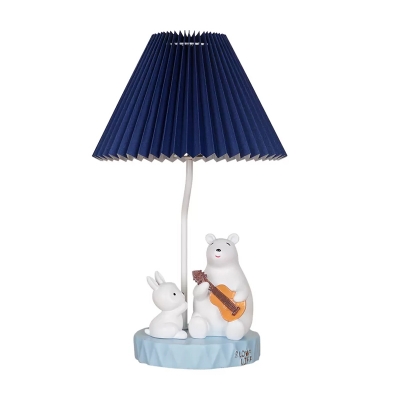 Conical Bedside Table Lighting Pleated Fabric 1-Light Cartoon Nightstand Lamp with Bear and Rabbit Deco in Blue
