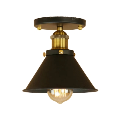 Conical Iron Semi Flush Mount Lighting Factory 1 Bulb Corridor Ceiling Lamp in Black/Bronze/Rust