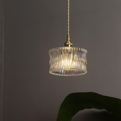 Drum Shaped Clear Wavy Glass Pendant Antique 1 Head Living Room Ceiling Hang Light in Brass