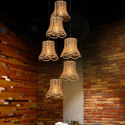 Floral Hemp Rope Pendulum Light Cottage 3/6 Bulbs Dining Room Cluster Pendant in Brown, Round/Linear Canopy