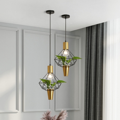Gold Finish 1 Head Drop Lamp Industrial Diamond/Hexagon Shaped Hanging Pendant Light with Plant Pot