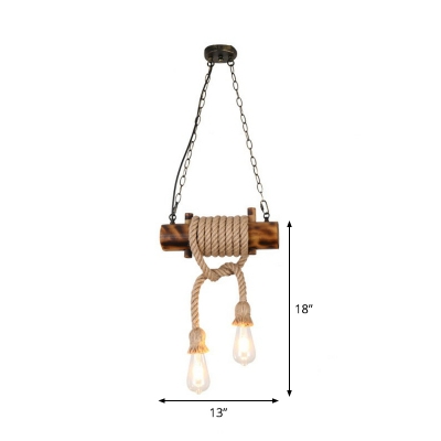 Hemp Wrapped Cylinder Chandelier Lodge Style 2 Bulbs Bistro Bare Bulb Design Drop Pendant in Brown