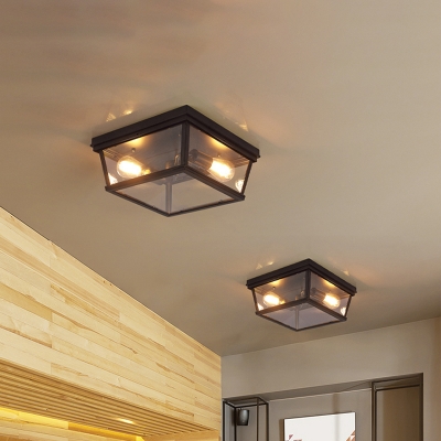 Industrial Box Shaped Ceiling Lamp 2 Lights Transparent Glass Flush Mount Lighting in Black