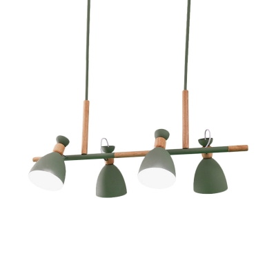 Iron Bell Adjustable Island Lighting Nordic 4 Bulbs Grey/White/Green Suspension Lamp with Wood Accent