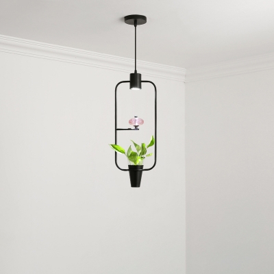 LED Suspension Lighting Loft Dining Table Hanging Pendant with Rectangle/Oval Iron Frame and Plant Pot in Black/Gold