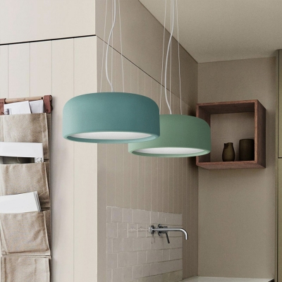 Macaron Drum Pendant Ceiling Light Metal 1 Head Restaurant Hanging Lamp Kit in Brown/Blue/Green with Recessed Diffuser