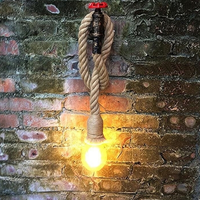 Single-Bulb Wall Lamp Warehouse Faux Faucet Metallic Wall Mount Light with Hemp Rope in Brown