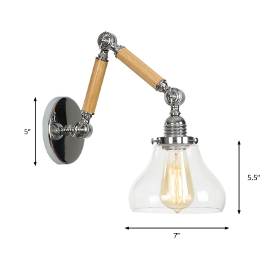 Wood 2-Arm Adjustable Wall Light Industrial 1-Light Dorm Room Wall Mount Lamp with Bell/Cone Clear Glass Shade in Brown