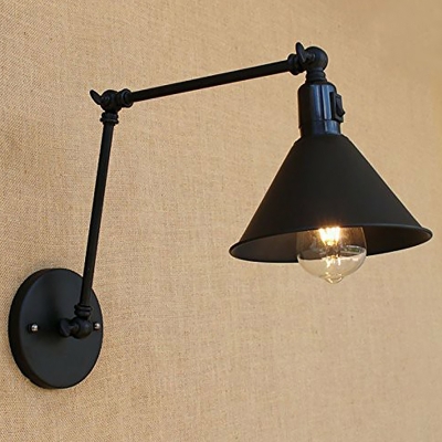 1/2-Light Iron Wall Light Fixture Industrial Black Conic Bedside Swing Arm Task Wall Lamp with On/Off Switch