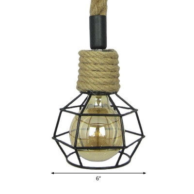 1 Bulb Ball Cage Mini Down Lighting Farmhouse Brown Rope Pendant Ceiling Light for Bistro