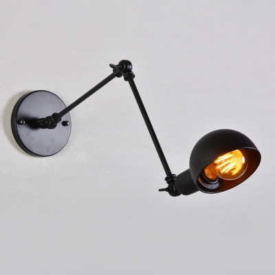 1-Bulb Hemispherical Wall Light Loft Black Iron Swing Arm Reading Wall Lamp for Bedroom, 8