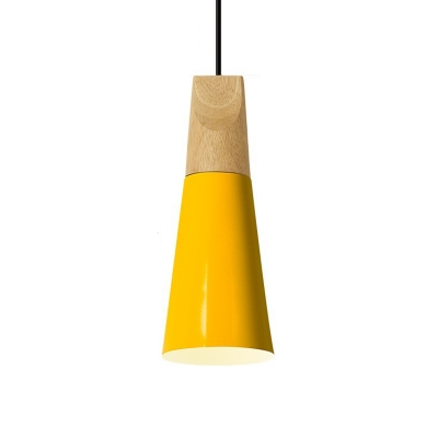 1 Head Living Room Pendulum Light Macaron Yellow/Green/Gold and Wood Pendant Lamp with Cone Metal Shade