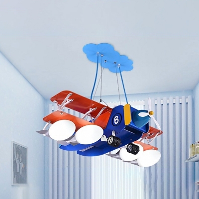 4 Lights Bedroom Ceiling Chandelier Kids Blue and Red Plane Hanging Lamp with Ball Frosted Glass Shade