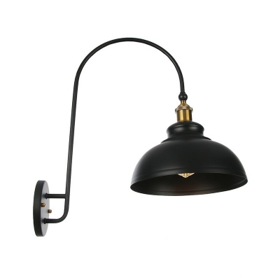 Arched-Arm Bedroom Wall Lamp Fixture Loft Style Iron Single-Bulb Black Wall Mount Light with Scalloped/Barn Shade