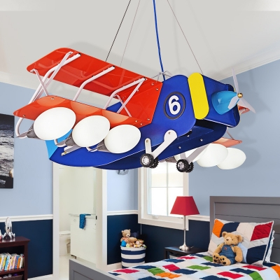Biplane Kids Playroom Drop Lamp Metal 6 Lights Cartoon Chandelier Pendant in Blue and Red