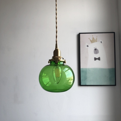 Brass Single Pendant Light Fixture Retro Green/Blackish Green/Clear Glass Pumpkin Shaped Small Hanging Lamp