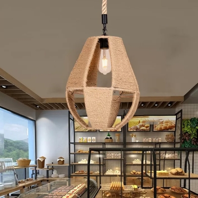 Brown Raindrop Suspension Lighting Loft Hemp Rope Single Food Store Pendant Lamp with Cutouts Design