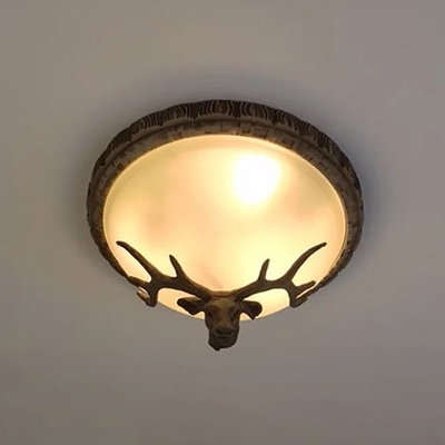 Country Hemisphere Flush Ceiling Light 3 Heads Frosted Glass Flushmount with Deer Head Decor in Brown