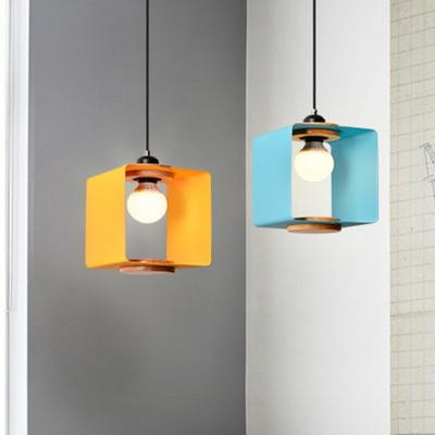 Creative Kids Cubic Hanging Light Iron 1 Bulb Bedside Drop Pendant in Black/White/Yellow and Wood