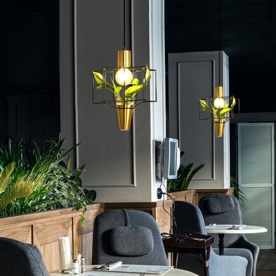 Gold Finish 1 Head Drop Lamp Industrial Diamond/Hexagon Shaped Hanging Pendant Light with Plant Pot
