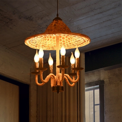 Hemp Roped Candelabra Chandelier Rustic 6/7-Light Restaurant Ceiling Suspension Lamp with Bamboo Hat Shade