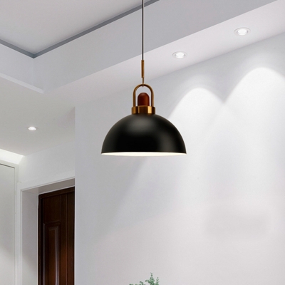 Iron Bowl Handled Pendant Light Fixture Macaron 1-Light Black/Pink/White Ceiling Lamp with Wood Cork