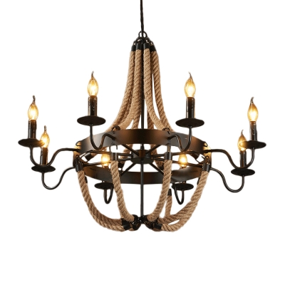 Manila Rope Brown Pendant Lamp Basket-Shape 6/8 Lights Rustic Ceiling Chandelier for Living Room