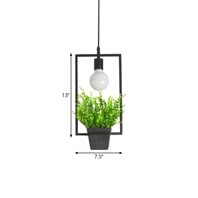 Metal Black Ceiling Hang Light Hexagon/Square/Circle 1 Bulb Rustic Down Lighting with Decorative Potted Plant